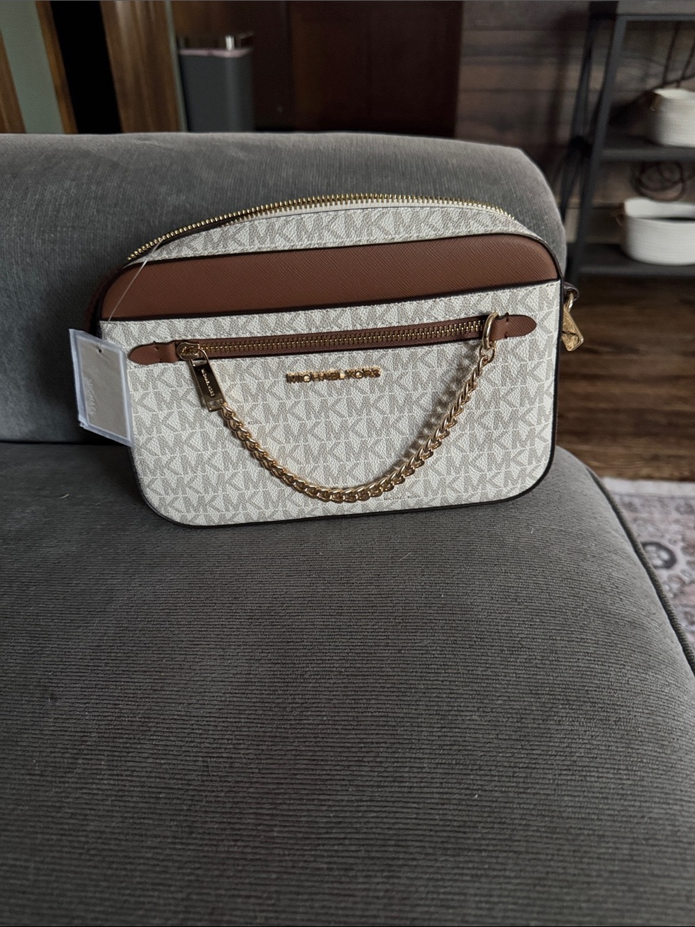 Michael Kors Signature Monogram Crossbody in Vanilla and Brown with Gold Chain